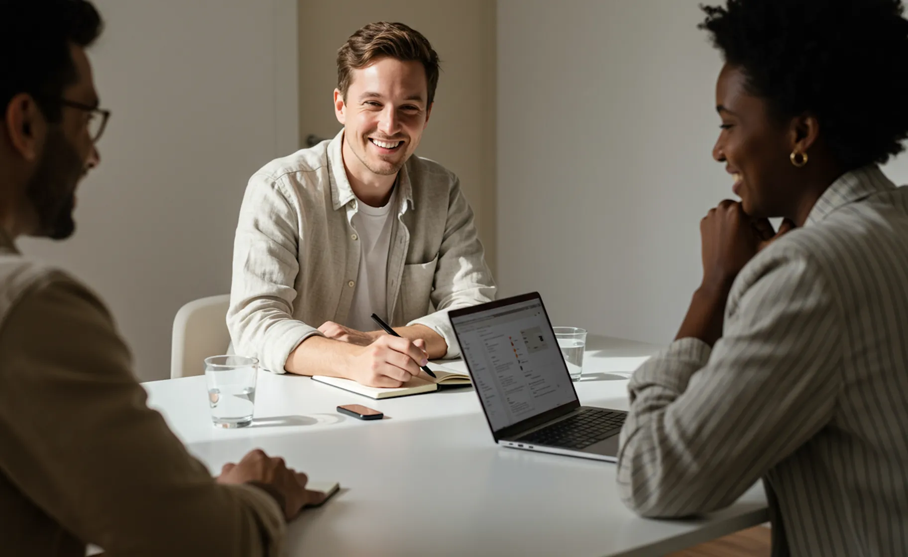 Team having a discussion around a meeting table in an office.