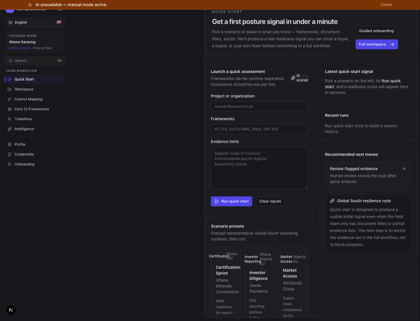 ComplianceOS guided quick-start workflow